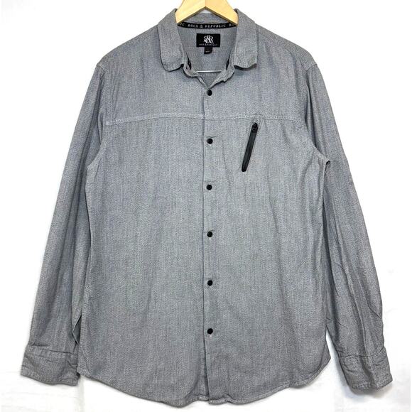 Rock & Republic Large Buttoned Heather Gray Dress Shirt Pocket Streetwear Sleek - Picture 1 of 10